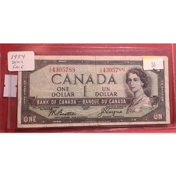 Bank of Canada 1954- $1 "Devil's Face" Bill I/A4305788 