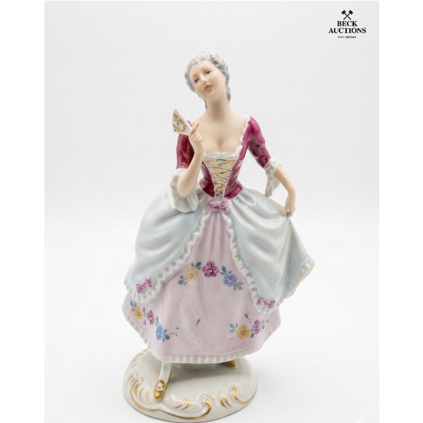  Vintage Royal Dux Porcelain Figurine Depicting An 18th-Century Lady Holding A Fan 8''INCHES HEIGHT.