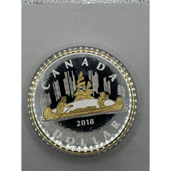 2018 $1 Coin 99.99% Silver at 1,006g, Gold Plating on the Rim, Canoe, Travellers and Pines