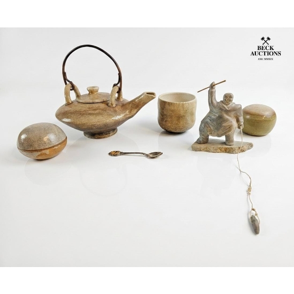 Collection Of Asian-Style Pottery, Teapot , Tea Bowl, A lid Container, And A Soapstone Figurine 