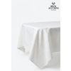 Image 1 : white damask tablecloth with a raised floral pattern.