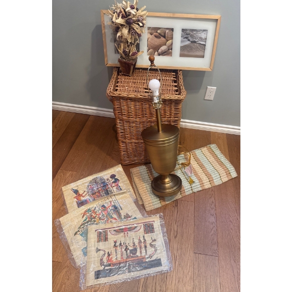 Variety Of Household Goods- Lamp, Hamper, Wall Hangings, & More