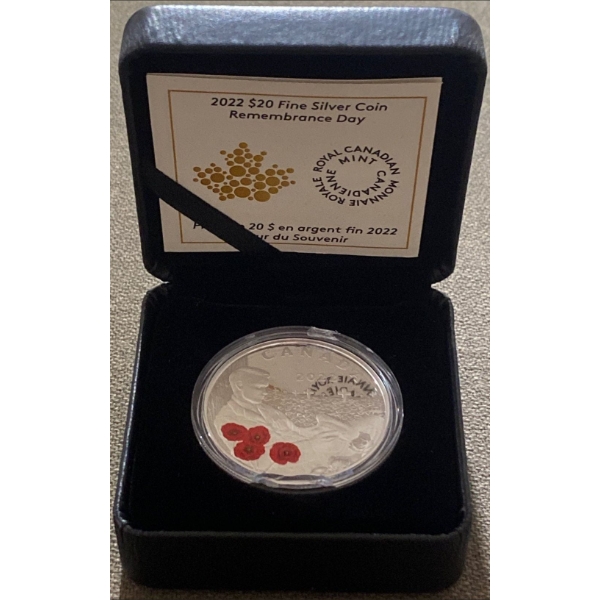 2022 $20 Remembrance Day Fine Silver Coin 31.39 Grams