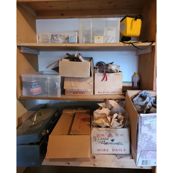 Contents of Shelves: Sandpaper, Extension Cords, Garage Lamp, Level, Toolbox, Tools & more