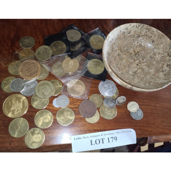 Variety of Tokens, Commemorative Coins (Olympic) and Coin  Cuff Links in Small Bowl 