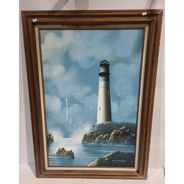 Painting of Lighthouse, Artist H.Gailey, 31.5 X 43.5 Paint on Canvas Framed 