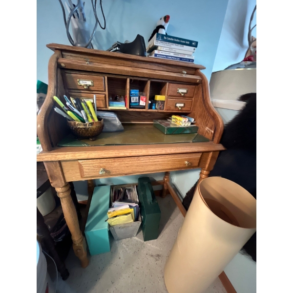 small oak wood roll top desk, including all contents 42”H 18”d 28”