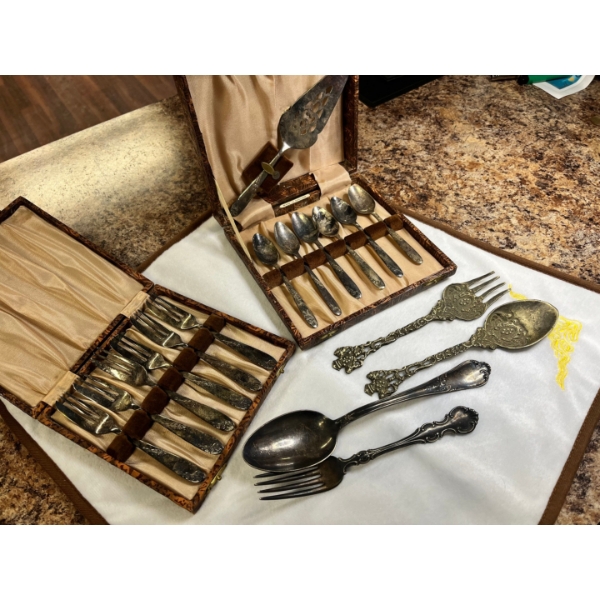 Set Of Angora Silver Plated Dessert Set. Forks, Spoons and Server with Additional Vintage Cutlery
