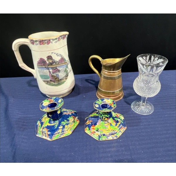 Handpainted Candle Holders, Crystal Cup, Brass and Porcelain Pitchers