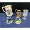 Image 1 : Handpainted Candle Holders, Crystal Cup, Brass and Porcelain Pitchers