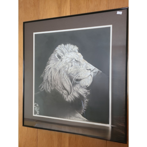 Lion Drawing 23 X 25 Framed Under Glass 