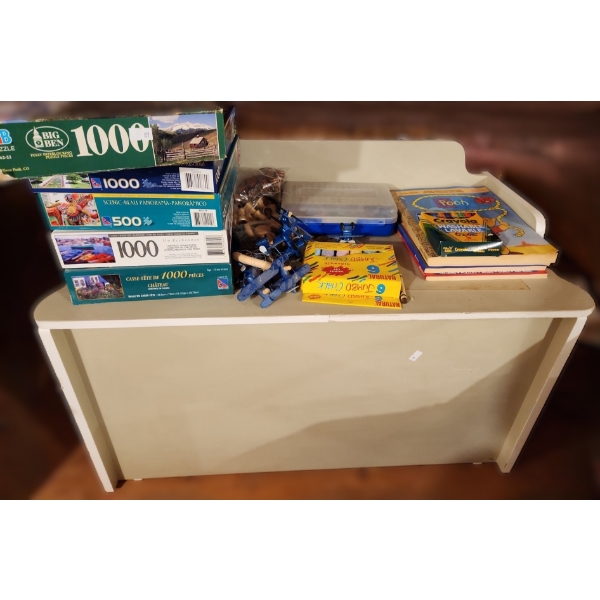 Wooden Toy Box 32 W, 17 D, 22 T, Includes Puzzles and Mat, Board Games 