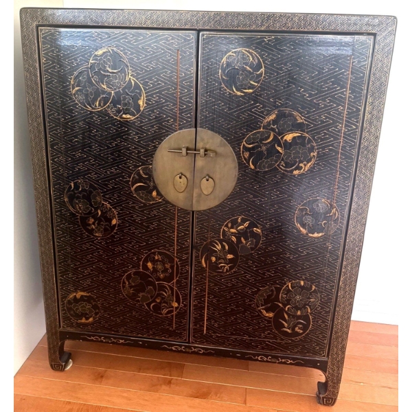 Antique Chinese Black Lacquer Wedding Cabinet ft. Gilt Motifs & Bronze Hardware 