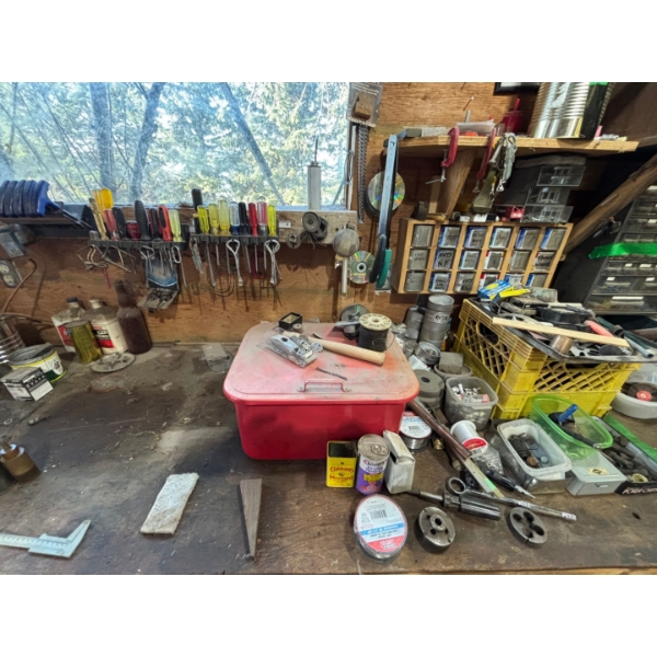 large selection of miscellaneous tools, screwdrivers Allan Keyes parts washer Lincoln welding wire 