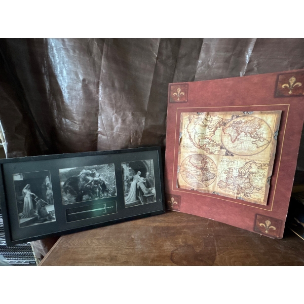 Medieval Picture Set with Miniature Sword Inlay, Vintage-Style World Map