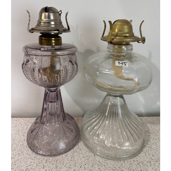 Victorian White Flame Amethyst Glass Oil Lamp & Antique  Oil Lamp
