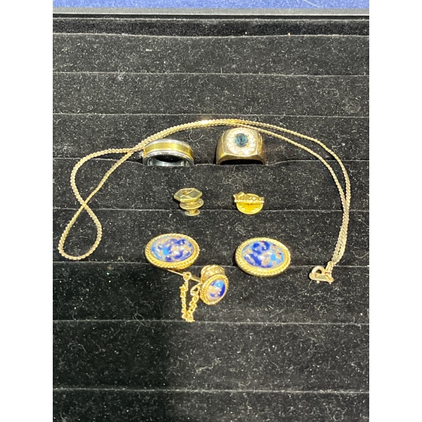 Collection of Costume Jewellery - Necklace, Rings, Tin Pins, and Cuff Links