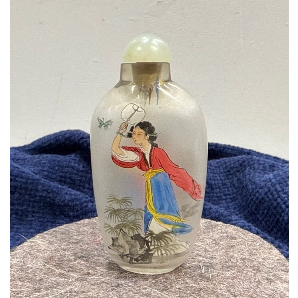 Hand Painted Couple Glass Snuff Bottle with Spoon 3H 