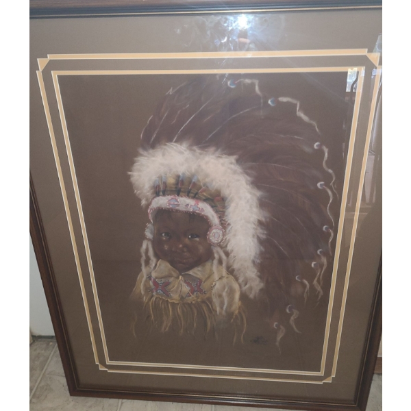 Painting on Velvet of Indigenous Child, Signature Illegible, 28.5 X 35 Framed Under Glass