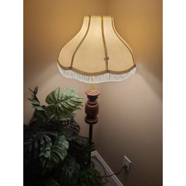  Floor Lamp w/ Fringed Shade and Wooden Base, 54 T to Top of Shade and Artificial Plant 
