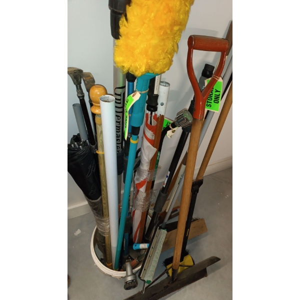 Assortment of House Hold Items  Shovgel, Brooms, Umbrellas, Duster& More