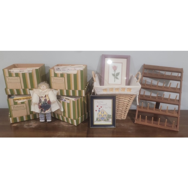 Collection of Sewing Patterns & Sewing Supplies  Basket, Spool Holder, & More