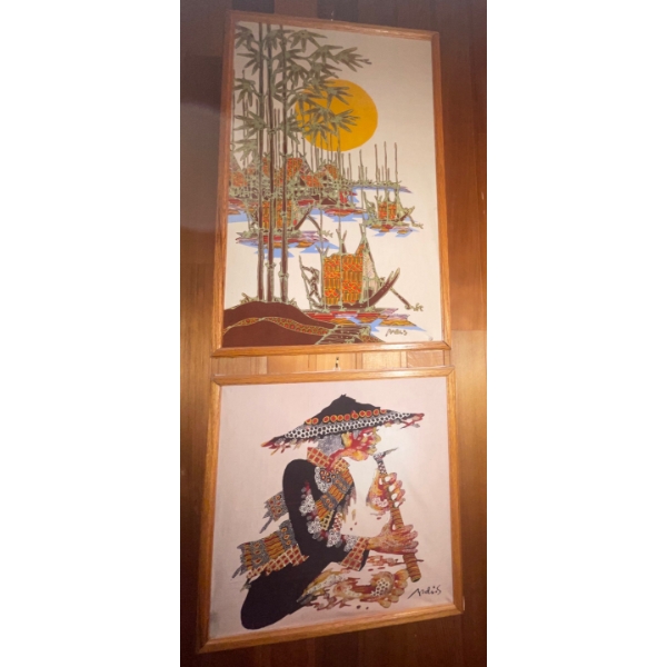 Vintage Asian Styled Hand Painted Fabric Framed  Asian Mid Century