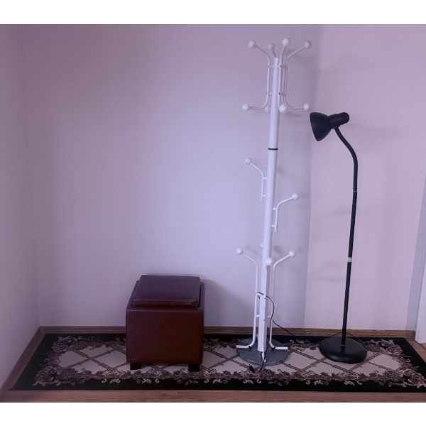 Furniture and Decor Lot With Ottoman, Floor Lamp, Coat Rack, and Rug