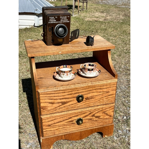 2 drawer side table  2 vintage Colclough bone China teacup saucer set made in London Railway Phone