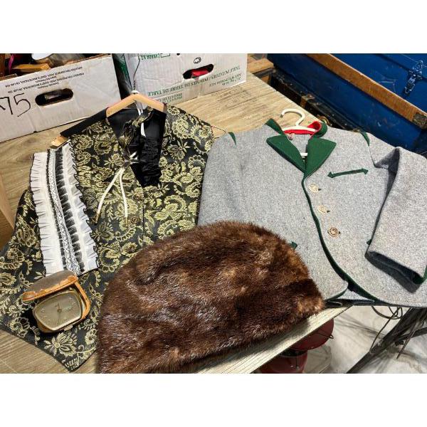 mink men’s hat, antique clock, and a toddler suit jacket with men’s vest