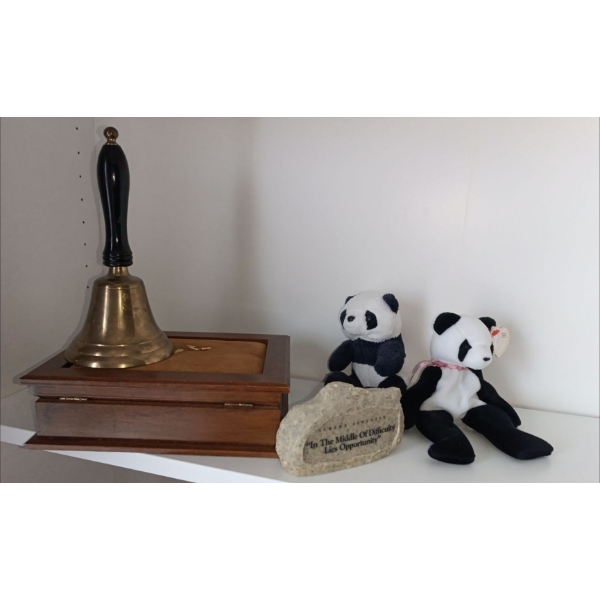 Two Mini Panda Stuffies w/ School Bell & Men's Jewelry Box full of Pins, Cuff Links & More