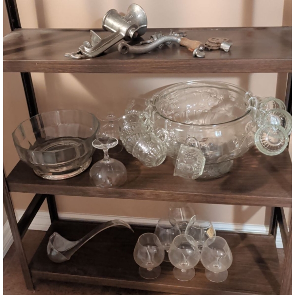Antique Sausage Grinder w/ Crystal Punch Bowl Set Pinched Glass Snifters & more
