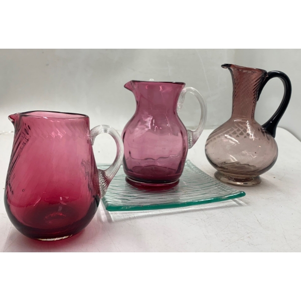 Vintage Small Cranberry Pitcher, Amethyst Creamer, and Purple Green Gradient Ribbed Glass Pitcher
