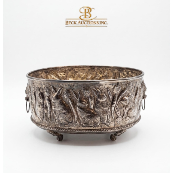 Antique Burmese Silver Plated Bowl, Thabeik, Decoration Depicting Rabbits And Carrots 12''*7''INCHES