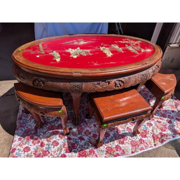 Chinese Tea Table Set With Red Lacquer Top and Mother-of-Pearl Figures