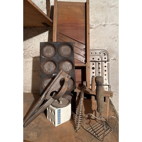 Collection Of Antique Farm/Kitchen Tools-Popover Pan, Potato Masher +++