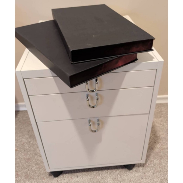 White Three-Drawer Rolling Storage Cabinet with Luxury Monte Blanc Writing Set
