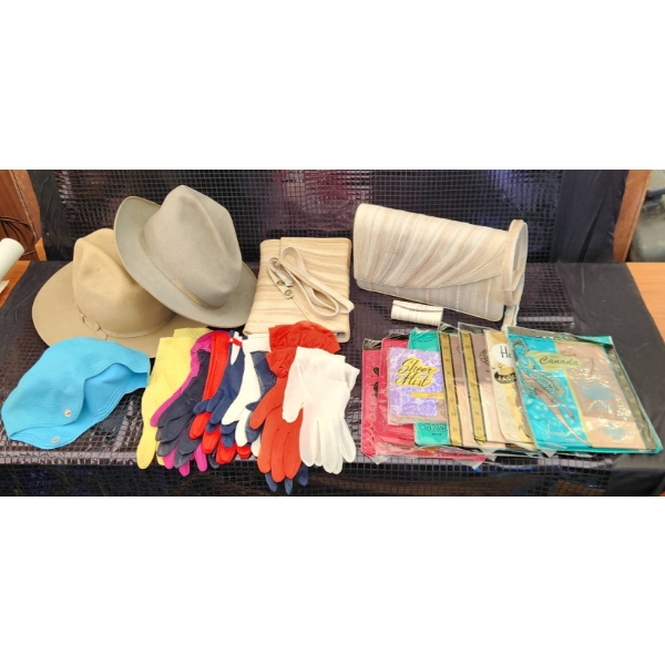 Vintage Accessories: Unused Pantyhose, Gloves, Hats, Swim Cap, and Eel Skin Purses