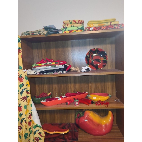 Collection of "Pepper" Decor- Kitchen Linens, Cutting Board 13.5 X 10, Ceramic Jar 12 X 8 and More! 