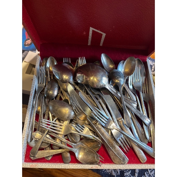  box of un research, silver plated cutlery number of different items great for a treasure hunt