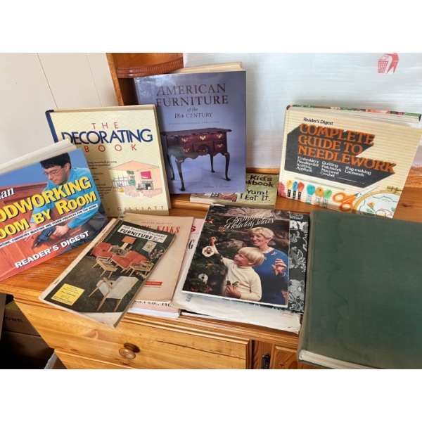 Assortment of books from guide to needle work to American furniture, decorating woodworking, vintage