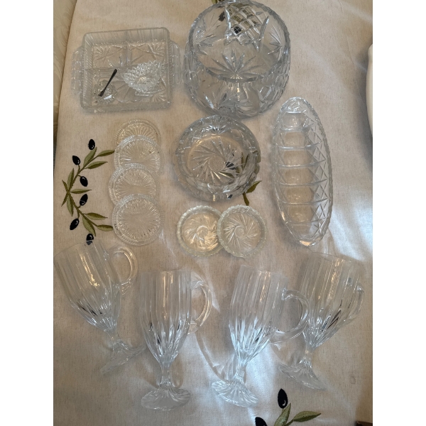 Crystal Serving Set with Heavy Cups and Handles, Various Dishware Pieces