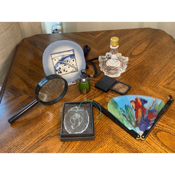 Magnifying Glasses, Pocket Flashlight, Folding Paper Fan, And Decorative glassware