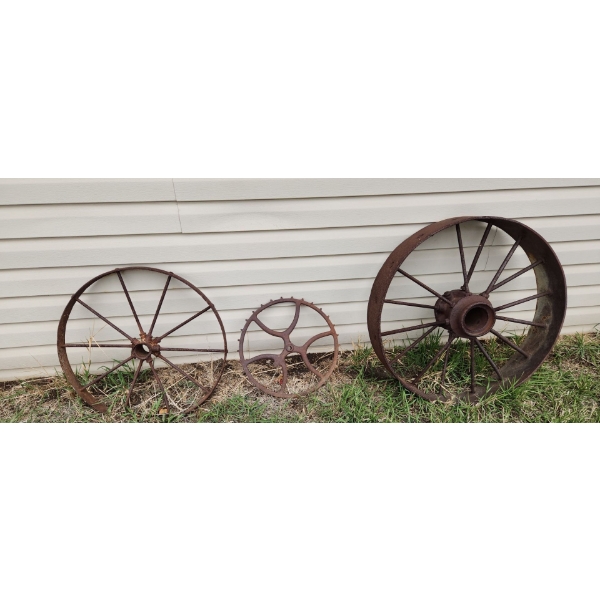 Antique Wheels 2 X 30" Diameter, 1 X 25" Diameter Metal Gear