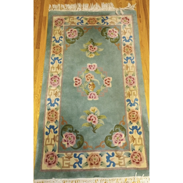 Vintage 1980's Chinese Wool Floral Deco Style Rug  Hand Woven & Knotted
