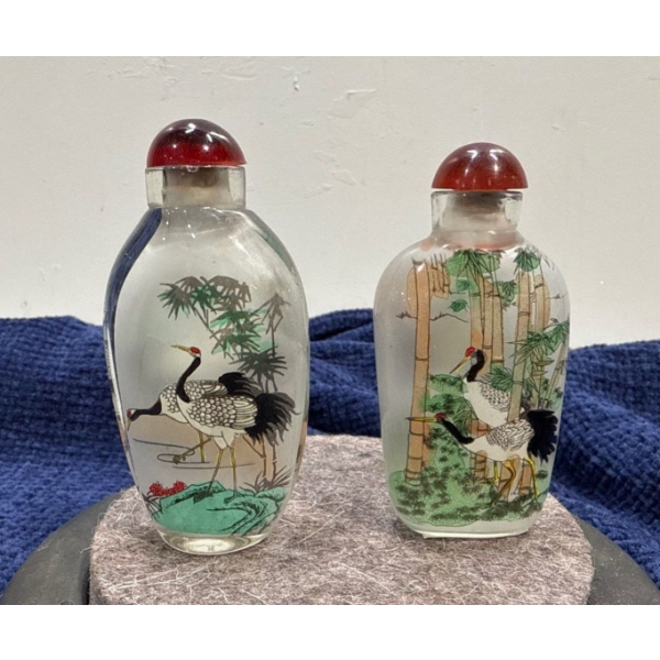Pair of Crane Glass Snuff Bottles 2.75H, 3H 
