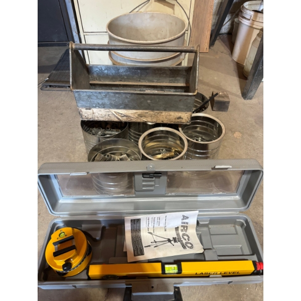 Laser level with several cans of fittings, copper nuts, and bolts, handmade vintage toolbox ALL