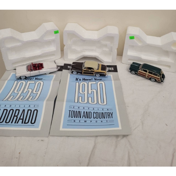 3 Die-Cast Model Cars: 1959 Cadillac Eldorado, 1950 Chrysler Town & Country Newport, Station Wagon