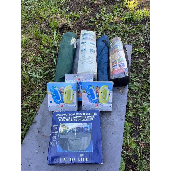 Tents for all your outdoor needs as well as inflatable boats for the pool, camping chairs, and a pat