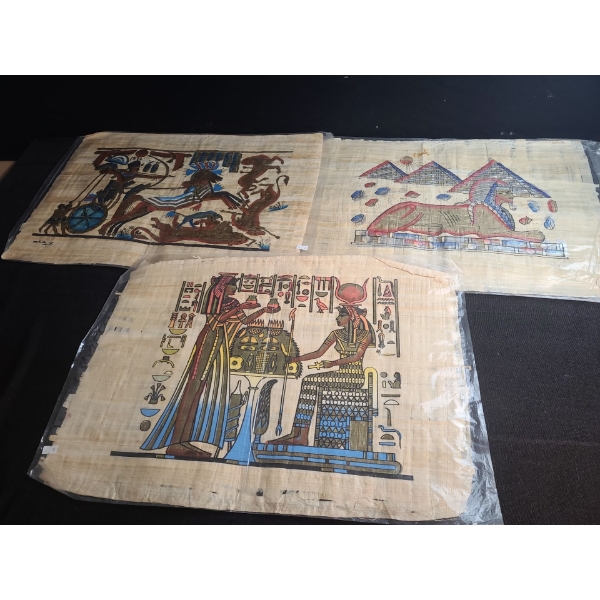 Reproduction Egyptian Papyrus Paintings: Three 25 X 17